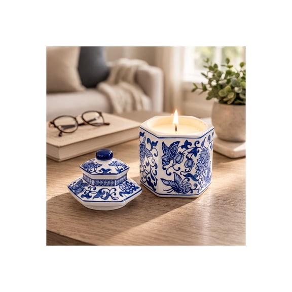 Sandalwood Scented Candle with Lid for Men and Women - Ceramic Chinoiserie Candle with Lid for Living Room, Bedroom, and Bathroom - Decorative Accent for Indoor and Outdoor - 7", Blue & White