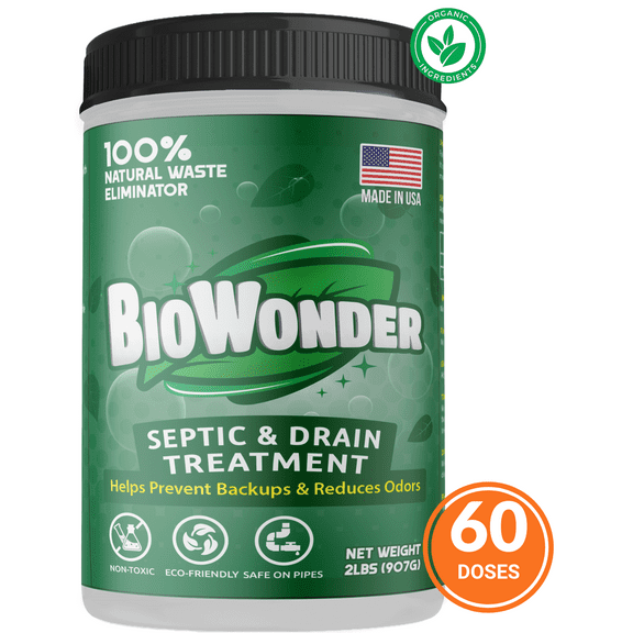 BioWonder Septic Tank Treatment - Prevent Backups & Reduce Odor - 100% All-Natural Enzymes - Disposal, Drain, RV, Septic, Grease Trap, Toilet, Shower - 2lbs 60 Treatments