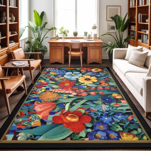 Large Area Rugs 6'x9', Spring Wildflowers Carpet Runner Indoor Outdoor Rugs Home Decor Aesthetic, Modern Abstract Art Daisy Floral Leaves Non Slip Mats Washable Accent Rug for Living Room Bedroom