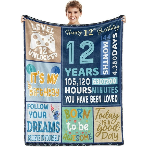 12th Birthday Gifts for Boys,Blue Happy 12th Birthday Blanket,12 Year Old Boy Girls Gift Ideas,12th Birthday Decorations Gift Throw Blanket for Teen Son Grandson Nephew 50"x60"