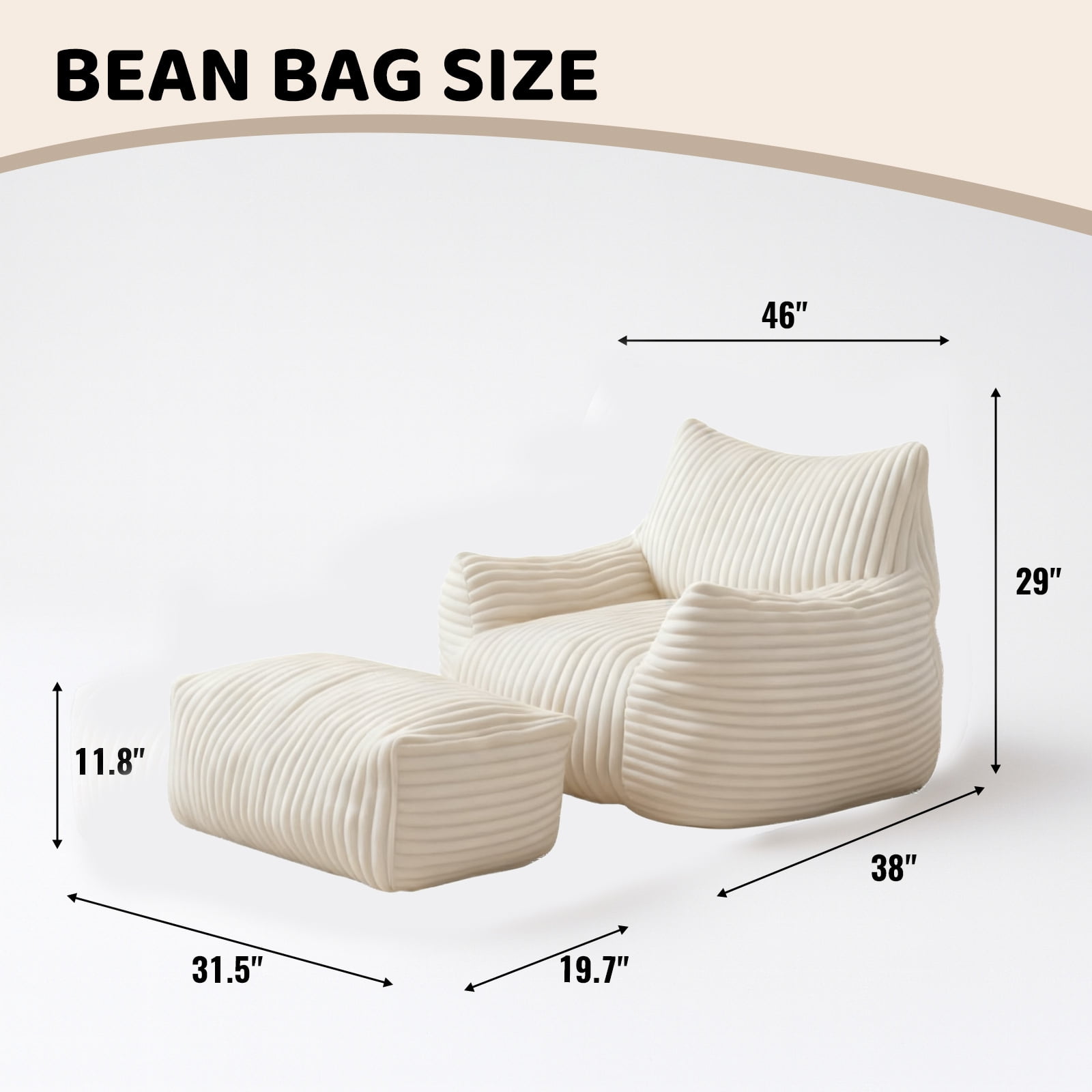zyoiszvq Corduroy Adult Bean Bag Chairs with Ottoman,Memory Foam Floor Bean Bag,Comfy Reading Chair with Armrests