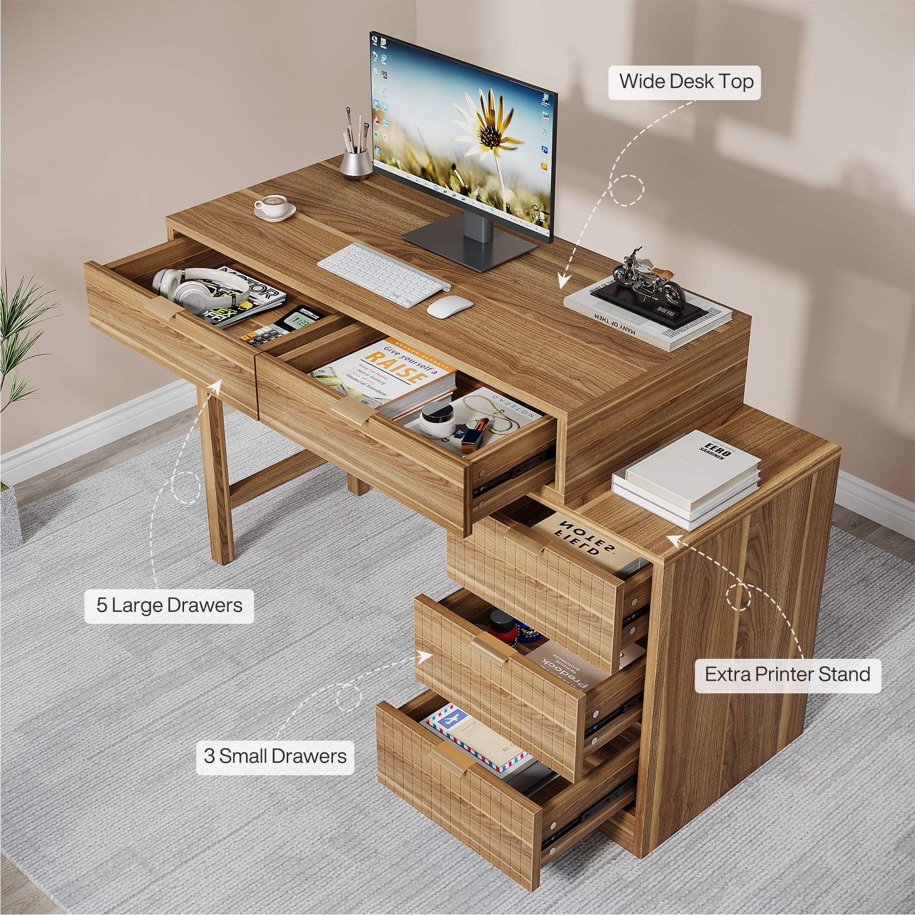 Fnova Reversible Computer Desk with 5 Large Drawers, 39.37" Home Office Writing Desk, Vanity Desk, Brown