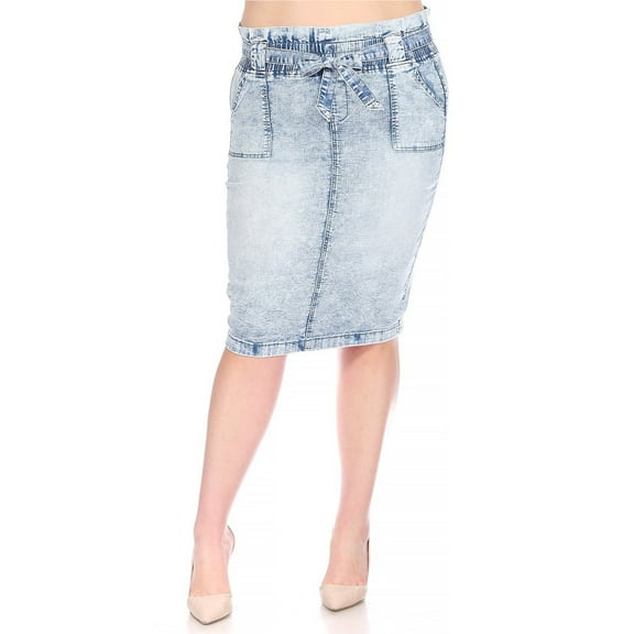 Be-Girl Women's Plus Light Wash Denim Pencil Skirt Knee Length Elastic Waist With Tie Belt