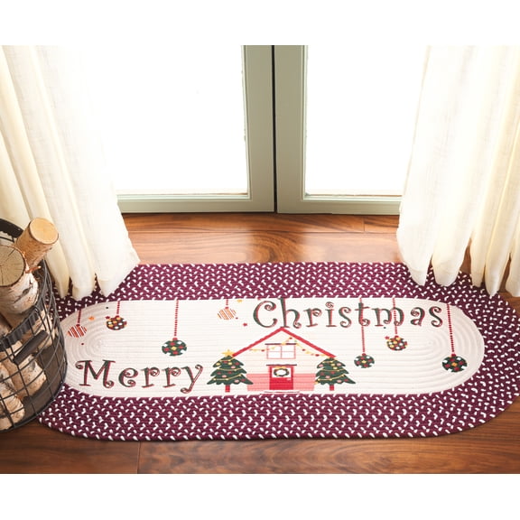 Safavieh Braided Posters Merry Christmas Home Runner Rug, Ivory/Burgundy Red, 1'8" x 4' Oval