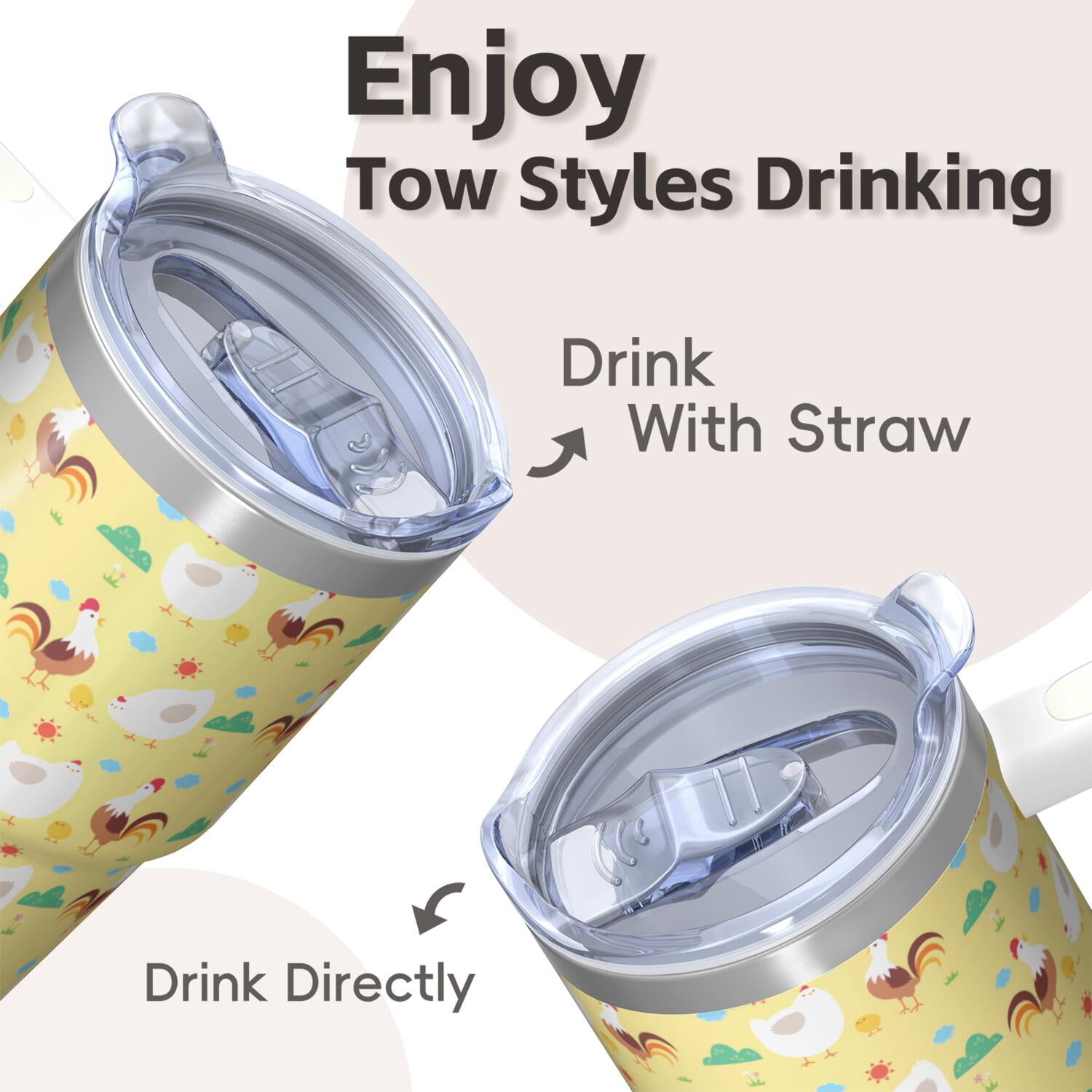 20oz Chicken Graphic Tumbler with Handle Fun Birthday Christmas Gift for Chicken Enthusiasts Women Men Insulated Travel Mug Cup Holder Friendly Wide Mouth for Ice Hot Coffee Cold Soda Daily Use