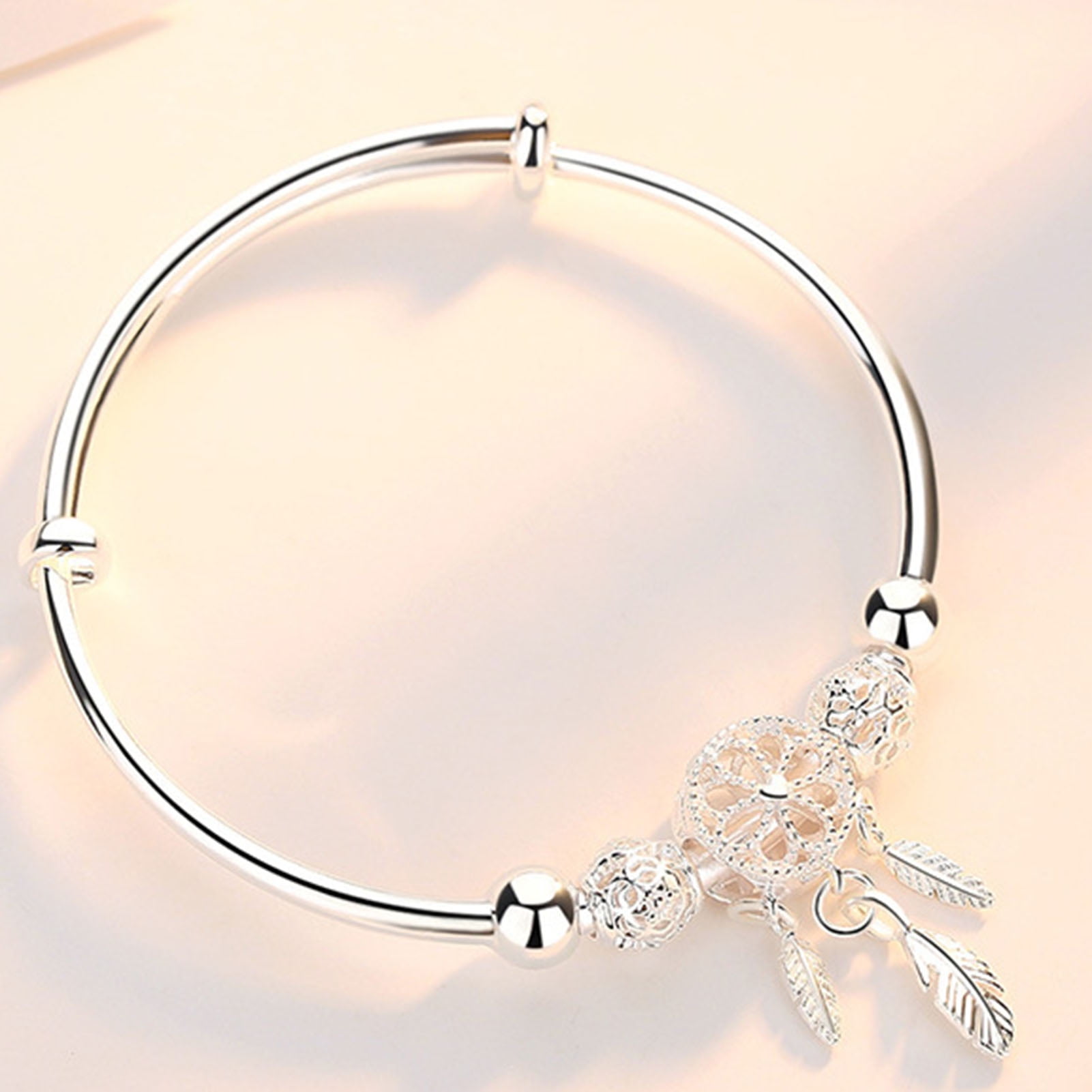 Womens Silver Hollow Leaves Open Bracelet,Fine Sculpture Charm Bangle Jewelry,Gift for Mother Girlfriend 