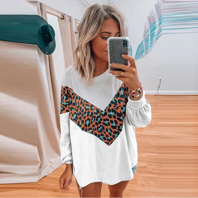 EGNMCR Chandail à Col Rond pour Femmes, Chandail pour Femmes Mode Féminine Imprimé Léopard Confortable Manches Longues Chandail Hauts Femmes Chandail