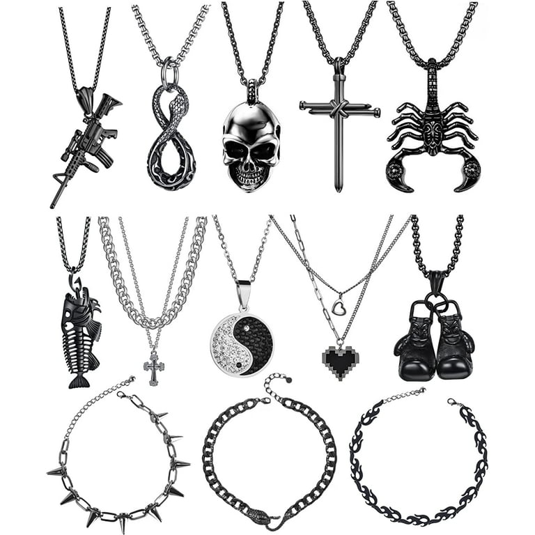 Sterling Silver Necklace Sliver Chain Necklace E girl Men Goth Chains Punk  Necklace for Women E boy Long Multi layer Chains 6PCS 