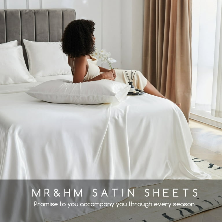 MR&HM Satin Bed Sheets with Elastic Corner Straps, Full Size Sheets Set, 4  Pcs Silky Bedding Set with 15 Inches Deep Pocket for Mattress (Full, Silver