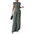 thumbnail image 6 of Stichou Womens Summer 2 Piece Outfit Set Dressy Casual Sleeveless Tank Tops Crew Neck Wide Long Leg Pants with Pockets Green S, 6 of 8