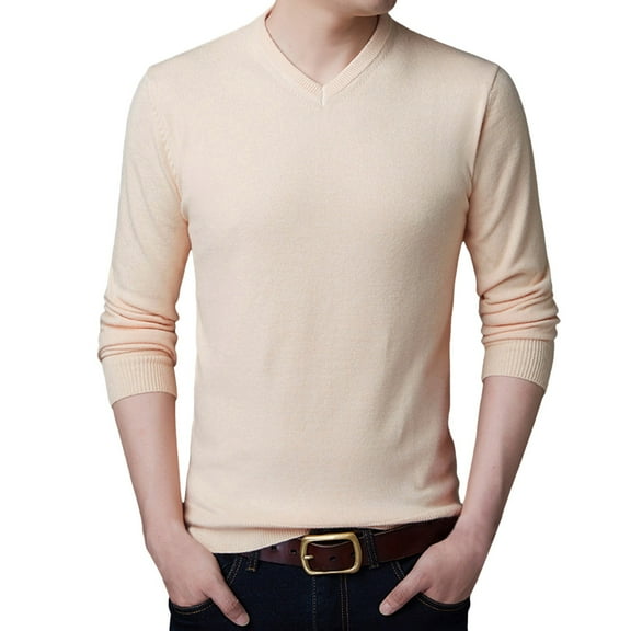 JTieacloth Big & Tall Mens Sweaters Male V Neck Sweater Simple Slim Fit Trend Underlay Shirt Men's Handsome Solid Color Knitting Shirt(Beige)