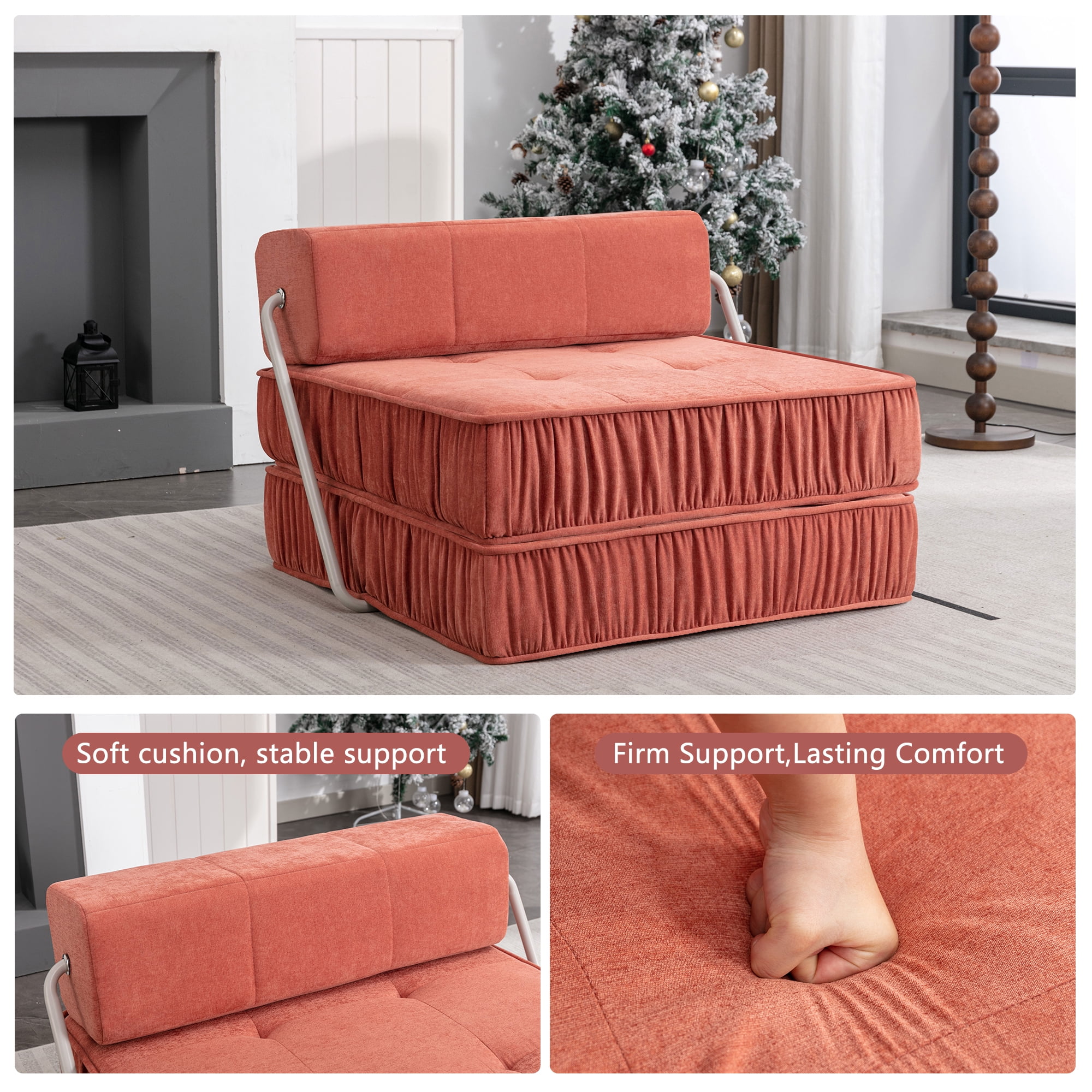 Folding Sofa Bed, Orange Convertible Sleeper Chair with Removable Back Cushion and Non-Slip Bottom, Chenille Futon Floor Couch for Living Room, Guest Room, Home Office