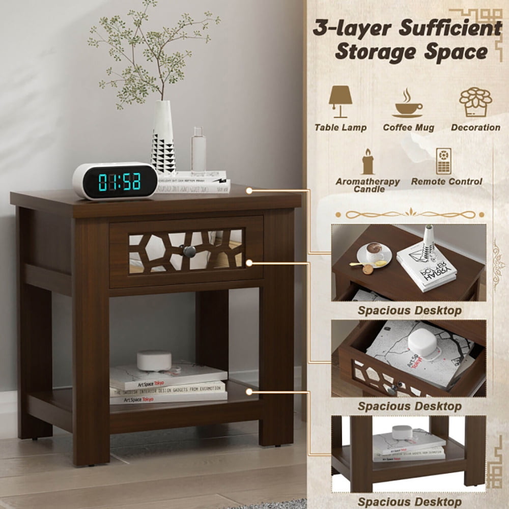 Finihen End Table, Wood Retro End Table with Mirrored Glass Drawer and Open Storage Shelf, Sofa Side Table, Bed Side Table, for Living Room, Bedroom, Brown Finihen End Table, Wood Retro End Table with Mirrored Glass Drawer and Open Storage Shelf, Sofa Side Table, Bed Side Table, for Living Room, Bedroom, Brown