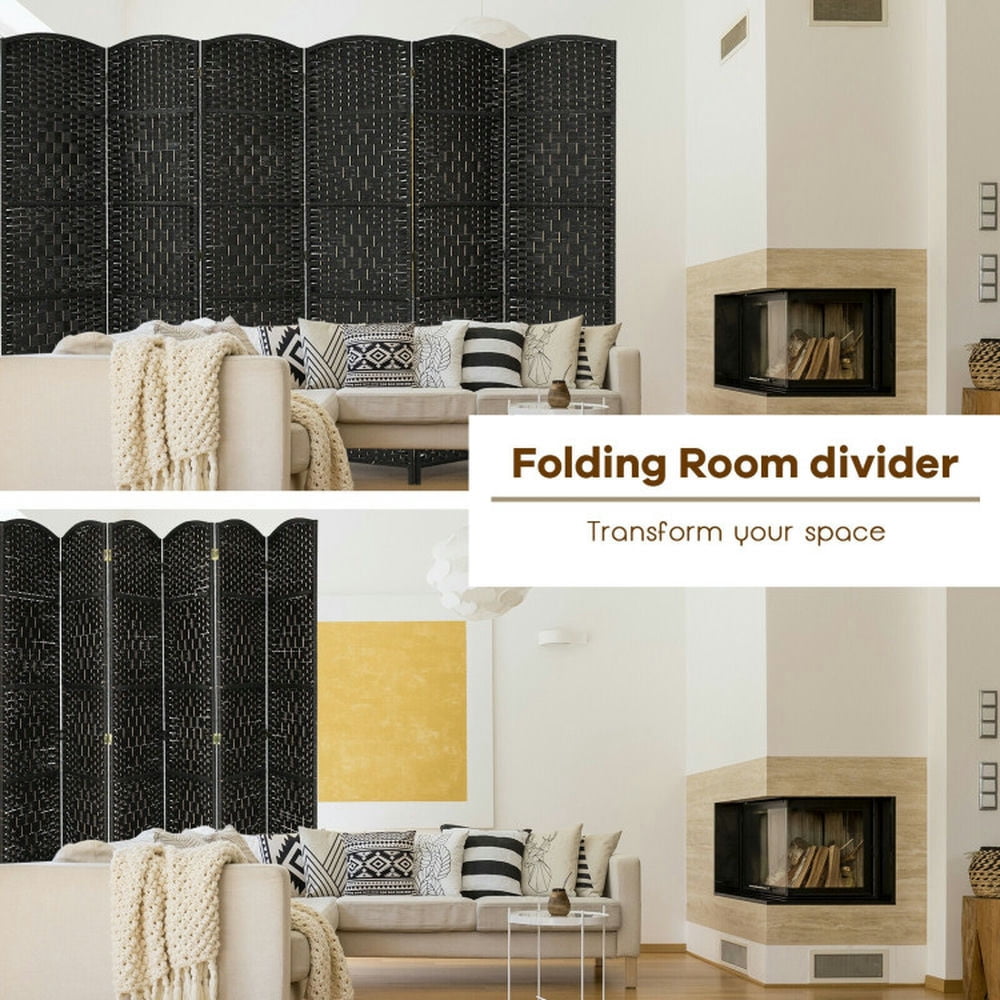 Spaco 6-Panel Weave Folding Fiber Room Divider Screen, 6.5 Feet Ultra-Large Room Divider, Room Divider Screen with Stable Construction for Indoor, Black