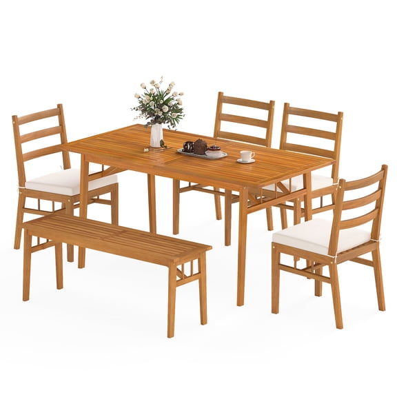 Gymax 6PCS Patio Acacia Wood Dining Set w/Bench 1.97'' Umbrella Hole Cushions for Yard