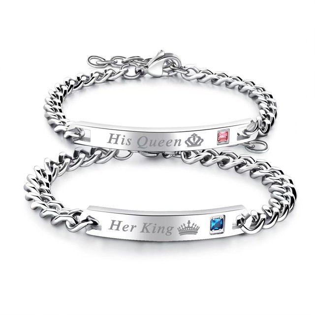 Pulsera de amor, joyería para parejas, pulsera de acero de titanio "His Queen"/"Her King"