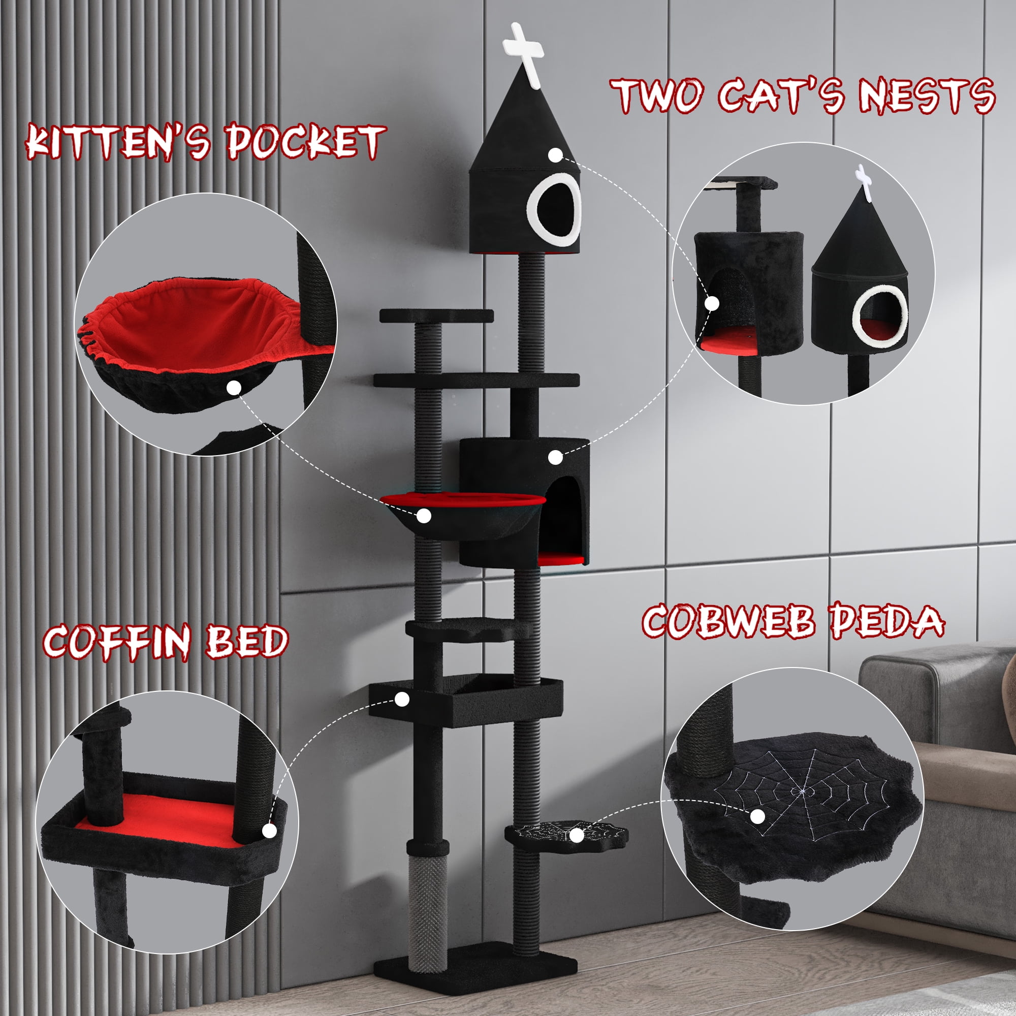 LHBCraft 88" H Tall Gothic Cat Tree, Cat Condo, Cat Tower