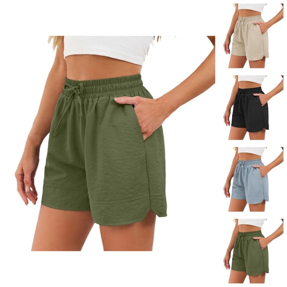 Casual Shorts for Women Summer Elastic Waist Wide Straight Leg Loose Lightweight Beach Shorts with Pockets