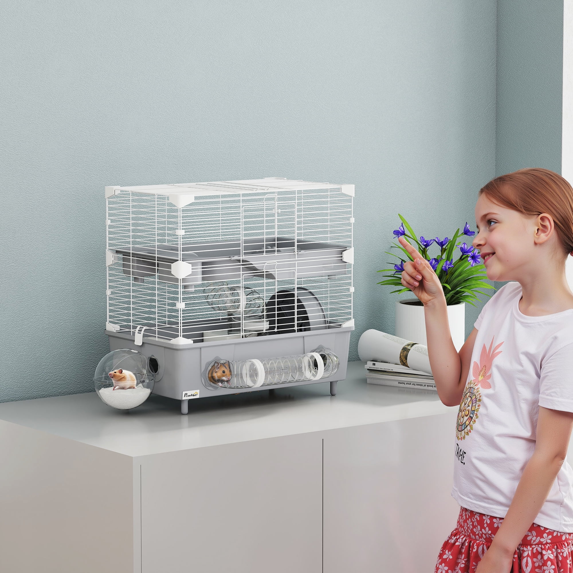 PawHut 2-Tier Hamster Cage, Hamster Habitat with Sand Bathroom, Running Wheel, Water Bottle, Tubes, Accessories, 17.5" x 11" x 17", Gray
