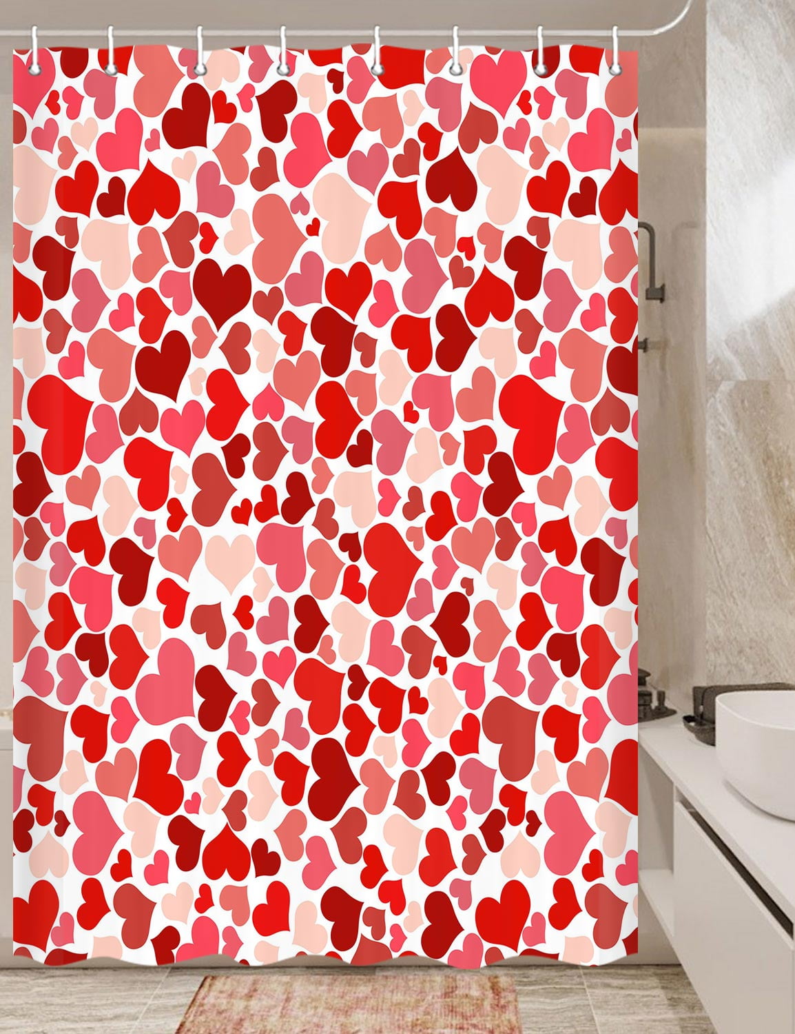 Red Heart Shower Curtain, Valentine's Day Shower Curtain Pink and Red