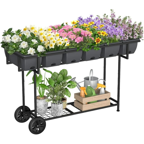 Raised Garden Bed with Wheels Outdoor Elevated Planter Box Stand 6 Pocket Raised Flower Bed with Legs and Storage Shelf Herb Garden Planter for Patio 30" Tall, Dark Grey