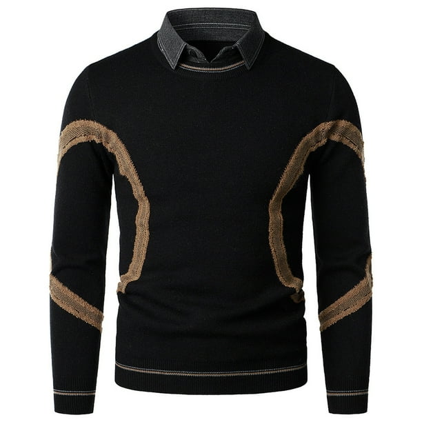 Suéter de manga larga de empalme de cuello de camisa de mezclilla de moda informal de otoño e invierno para hombres Pompotops oipoqjl27089