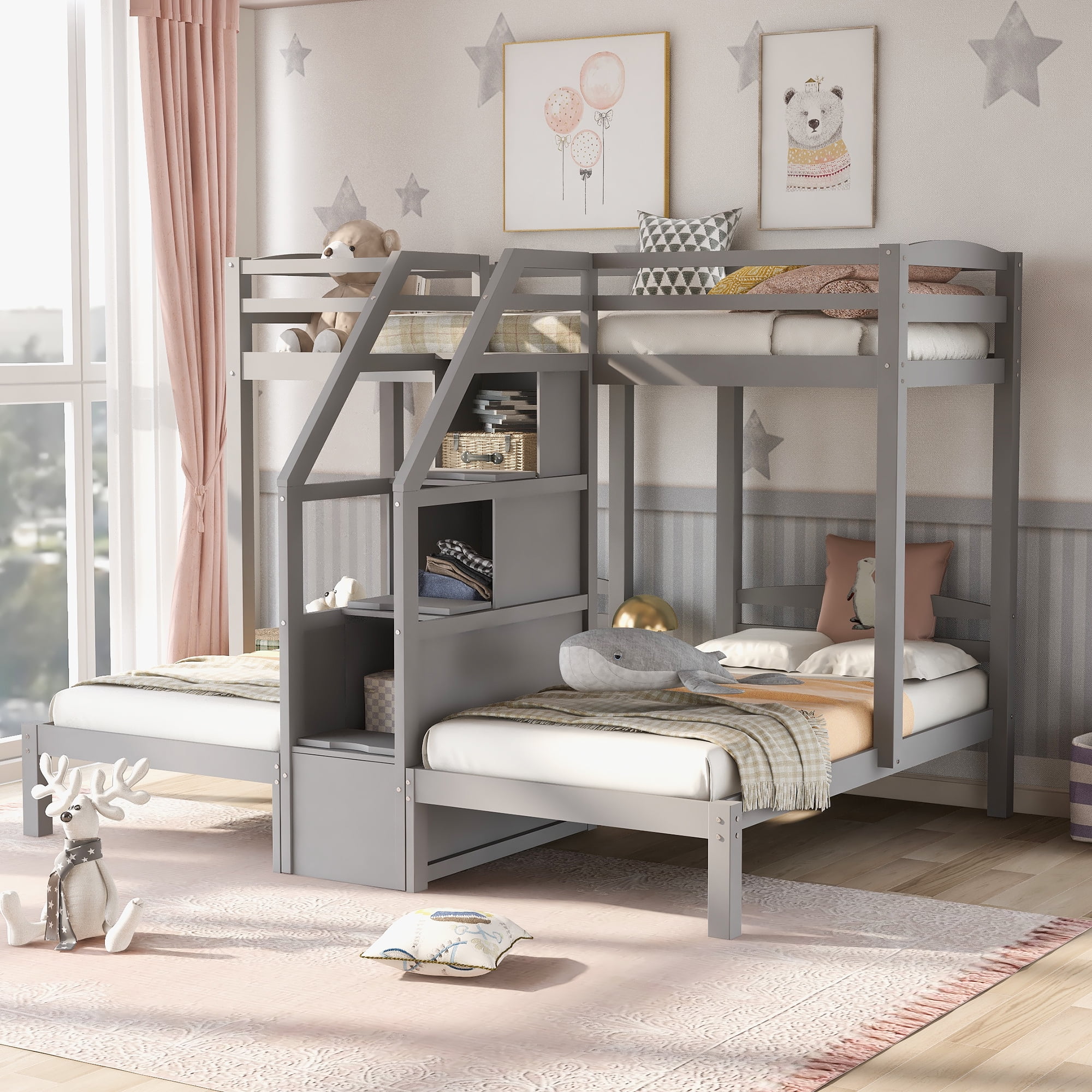 EUROCO Twin over Twin & Twin Bunk Bed with Staircase and Drawers for Kids Teens Bedroom, 3-in-1 Bunk for More Kids, Storage Staircase, Gray