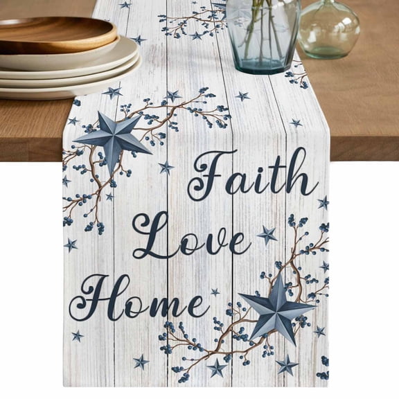 Farmhouse Table Runner, Blue Country Texas Star Vintage Berries Wooden Cotton Linen Table Runners 108 Inches Long, Dresser Scarf Runner for Dining/Living Room/Kitchen/Square Tables 13''x108''