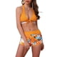 thumbnail image 1 of Conjuntos de bikini de dos piezas con estampado de hojas y bloques de color para mujeres, parte superior tipo halter y parte inferior tipo boyshorts, tamaño X-Small, color naranja, 1 of 5