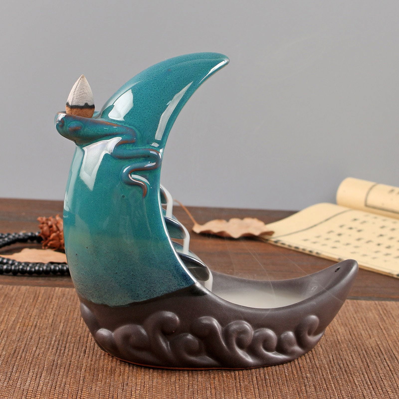 Moon Incense Burner, Ceramic Waterfall Incense Burner, Backflow Incense Holder for Aromatherapy Ornament Home Decor