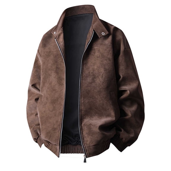 DPTALR Men's Classic Round Neck Leather Jacket Solid Color Long Sleeve with Zipper Pockets,Coffee, L