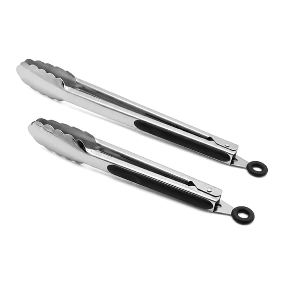 304 Stainless Steel Kitchen Cooking Tongs, 9" and 12" Set of 2 Sturdy Grilling Barbeque Brushed Locking Food Tongs with Ergonomic Grip, Black