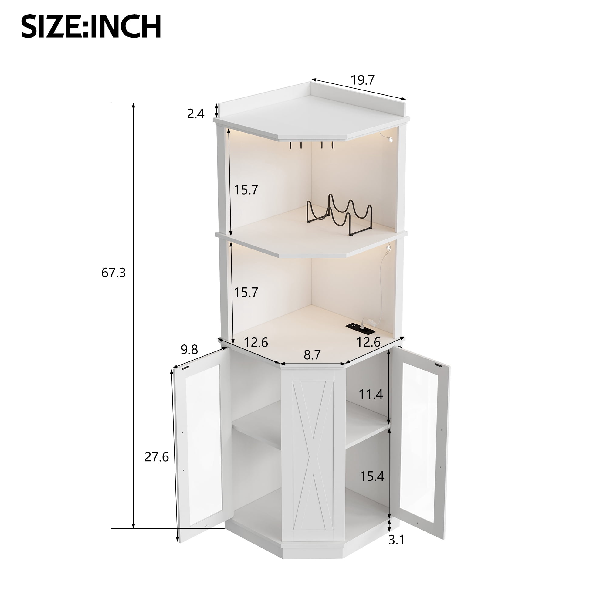 GARITIN 67.3 Inch Corner Bar Cabinet with Power Outlet, Farmhouse Wine Bar Cabinet with Adjustable Shelves, Lights & Glass Rack for Dining Room Living Room, White