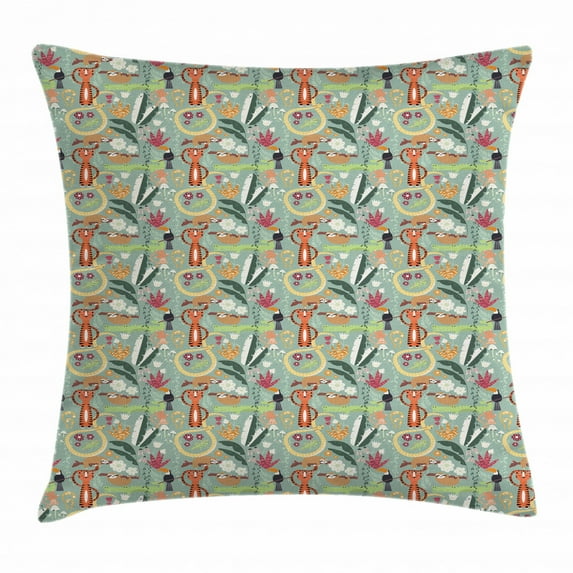 Jungle Throw Pillow Cushion Cover, Pattern with Exotic Rain Forest and Funny Animals Tiger Snake Sloth Illustration, Decorative Square Accent Pillow Case, 16 x 16 Inches, Multi-color, by Ambesonne