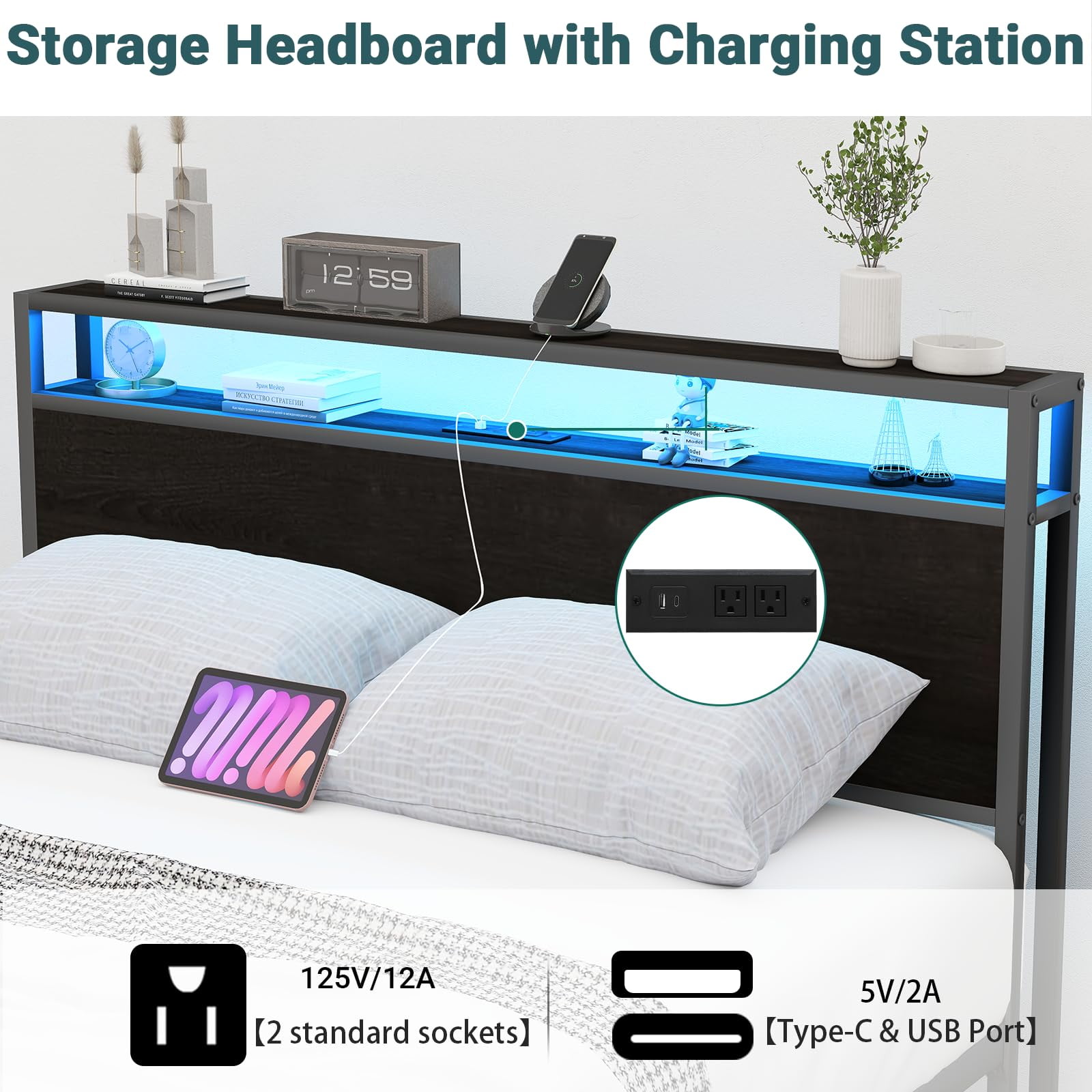 ZIVACATE Queen Bed Frames with Headboard, Queen Size Storage Bed Frame with 8 Drawers, Built-in Charging Ports & Outlets, Adjustable Atmospheric LED Lights, Queen-Size Metal Foundation Beds, Black