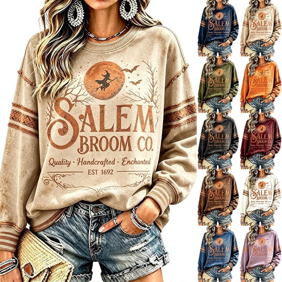 Hearthz Salem Broom Co Witch Moon Graphic Cotton Sweatshirts for Women Fall Winter Pullover Top Oversized Y2k Trendy Oversized Crew Neck Sweatshirt Women
