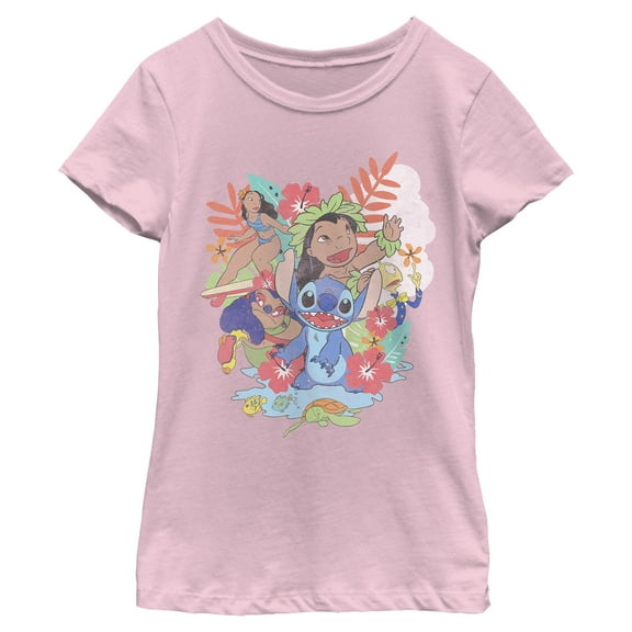 Girl's Lilo & Stitch Distressed Group Portrait Graphic Tee Light Pink Small