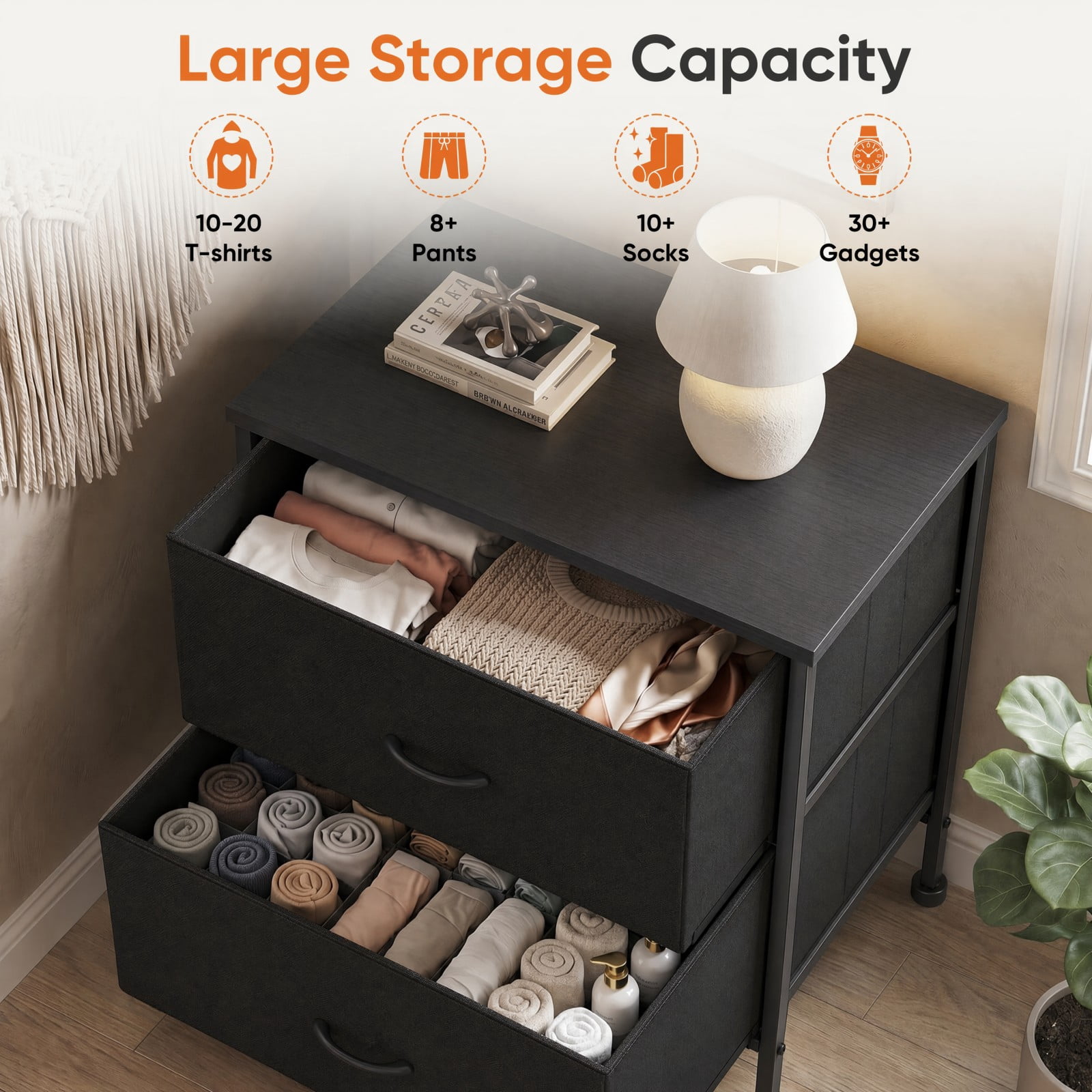 Telyra Fabric Nightstand with 2 Drawers 20" Bedside Table with Wood Top and Steel Frame Small Storage Organizer, Black