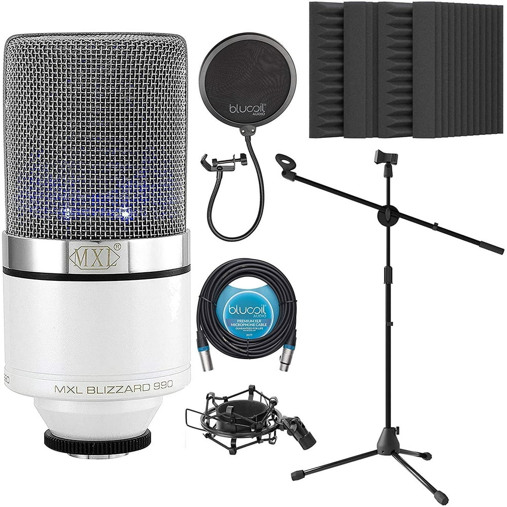 MXL 990 Blizzard Cardioid Condenser Microphone for Vocals and Guitars Bundle with Blucoil 20FT