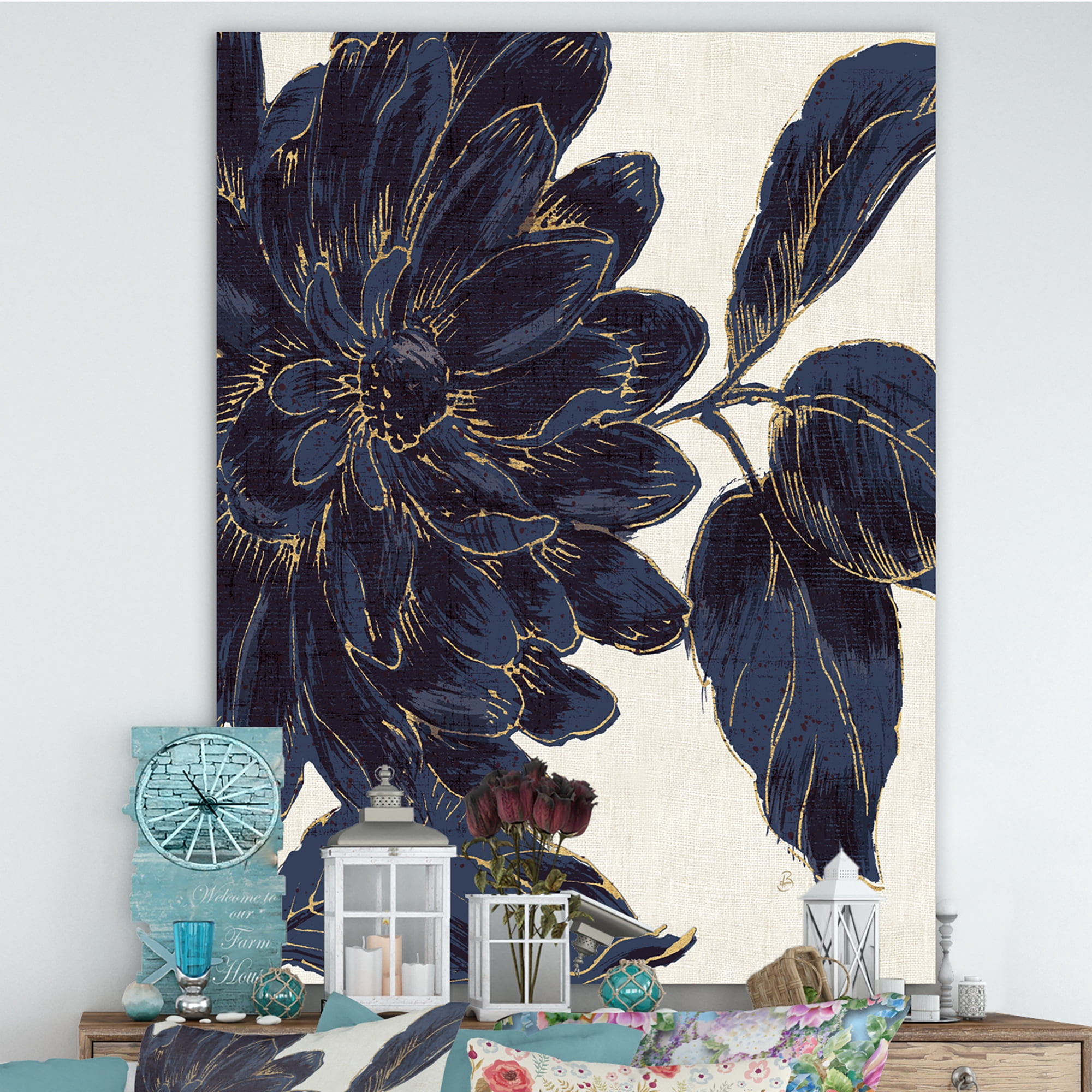 Designart 'Indigo Gold Metallic Flower' Traditional Canvas Art