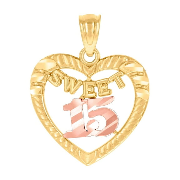 10k Two-tone Gold Womens Textured Sweet 15 Anos Quinceanera Love Heart Charm Pendant Necklace 17.7x14.2mm Wide Pendant f