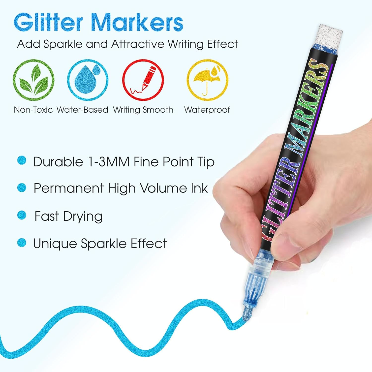 Glitter Marker Pens, 12 Colors Metallic Shimmer Glitter Markers Paint Pens, Glitter Art Marker for Adults DIY Crafts Greeting Birthday Cards Making Poster Album Scrapbooking Wood