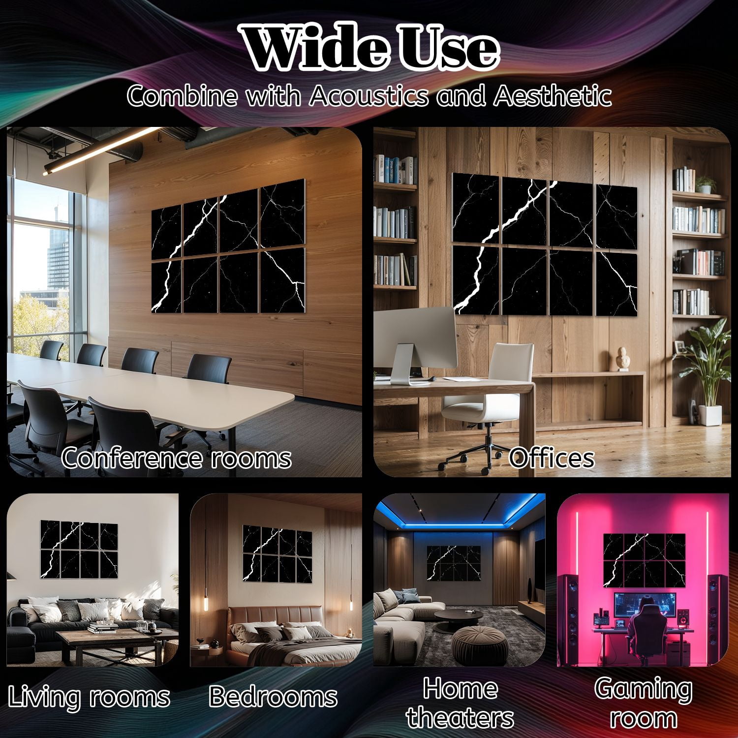 8 Pack Art Acoustic Panels Sound Absorbing Black Marble White Veins Abstract Design Decorative Soundproof Wall Panels Self Adhesive for Nursery Game Room Bedroom 48"x32"