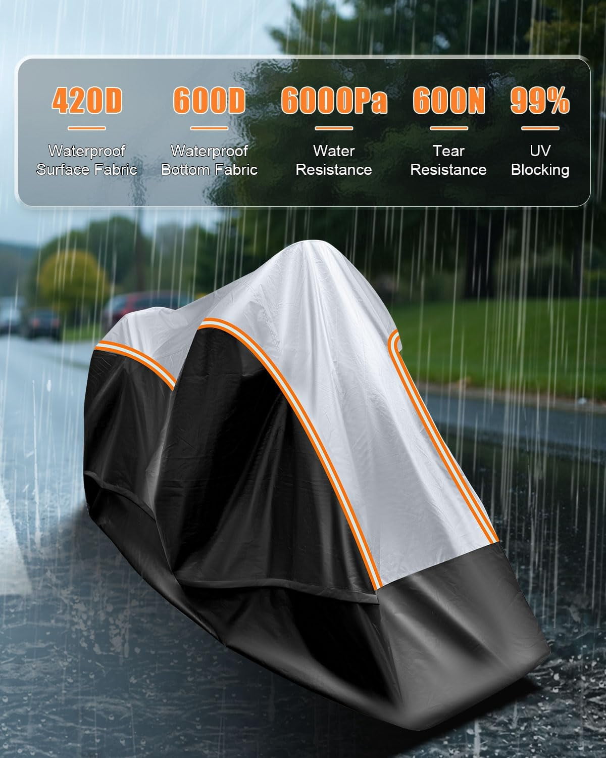 Full Enclosed Motorcycle Cover Waterproof Outdoor/Indoor Storage Waterproof Motorcycle Cover Heavy Duty with Reflective Strips Fits Scooter/Touring Motorcycles Length up to 108"（Black+Sliver）