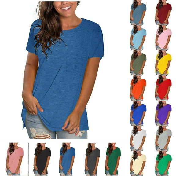 POTETI Womens Summer Tops Blue Plus-Size Solid Loose Short Sleeve T-shirt Tops
