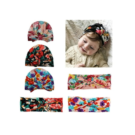 Baby Headbands, Coxeer 6 Pack Hair Bow Set Flower Printed Headbands with Bowknot Beanie Caps for Baby