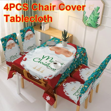 

5 Pcs Christmas Tablecloth and Chair Covers Set Dining Room Christmas Decorations 140 x 140 cm Rectangle Xmas Table Cloth Decorative Table Cover Washable Xmas Printed Chair Protectors Covers