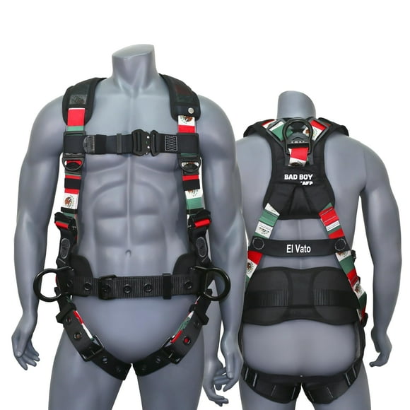AFP Fall Protection Full-Body Premium Mexican Flag Safety Harness, Vented & Padded Shoulder, Legs & Back, 8” Thick Back Support Belt, Aluminum D-Rings