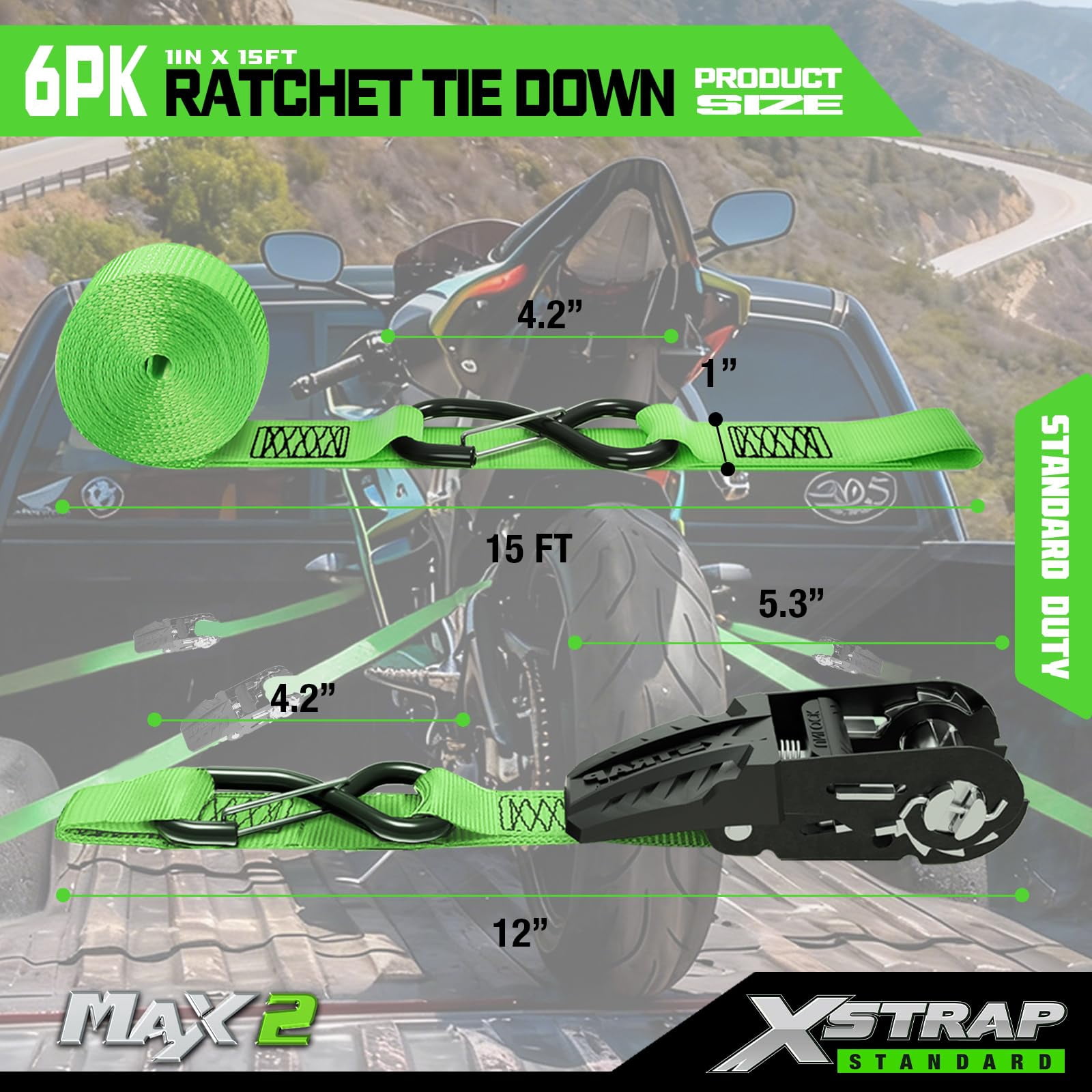 XSTRAP STANDARD Ratchet Tie Down Straps - 4 Pk - 1'' x 15 Ft 1890 Lbs Break Strength-Cargo Straps with Integrated Soft Loops, Truck (Green)