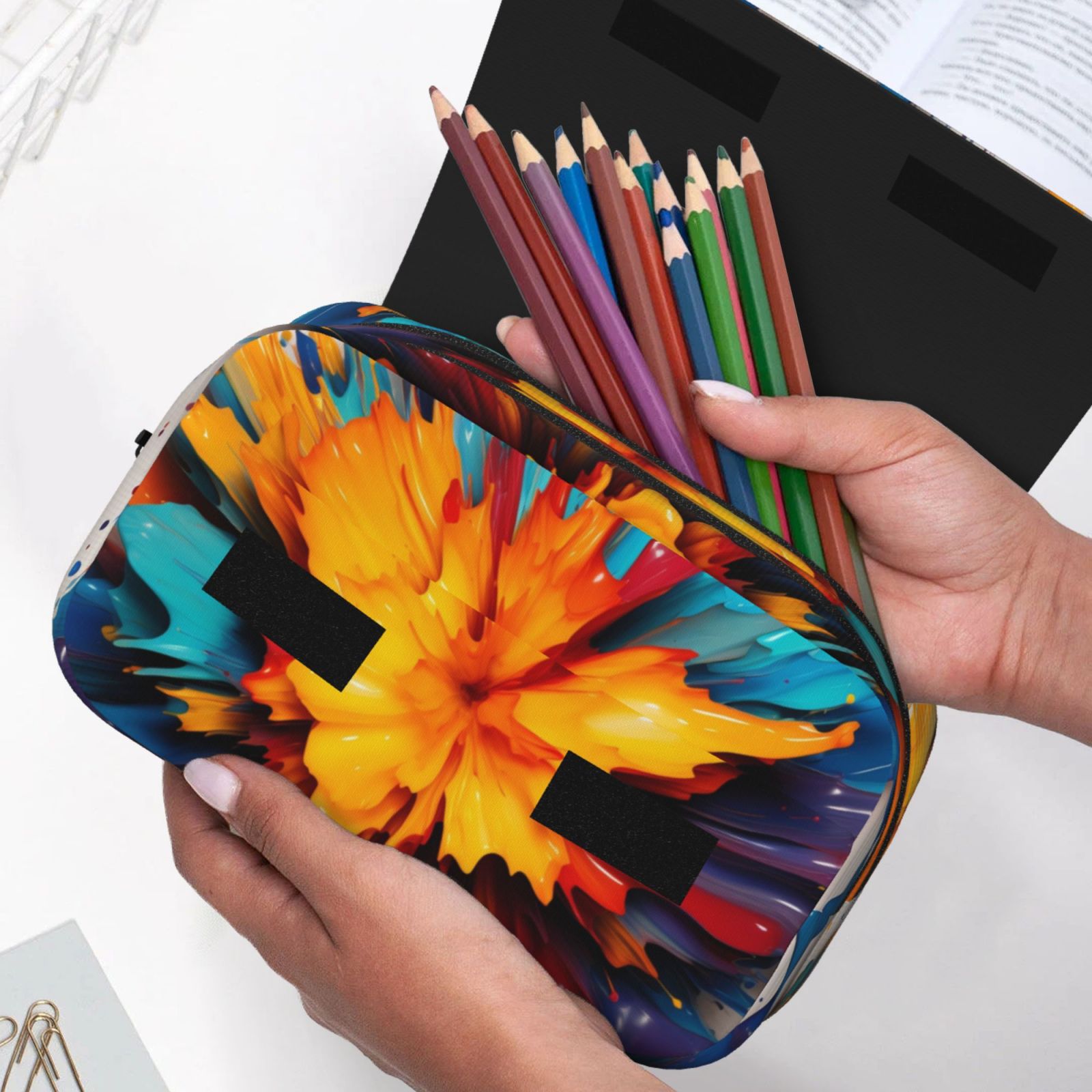 Rateoe Colorful Paint Print Pattern Double Clamshell Pen Case, Storage Organizer with Two Zipper Compartments– Holds Up to 50 Pencils & Pens